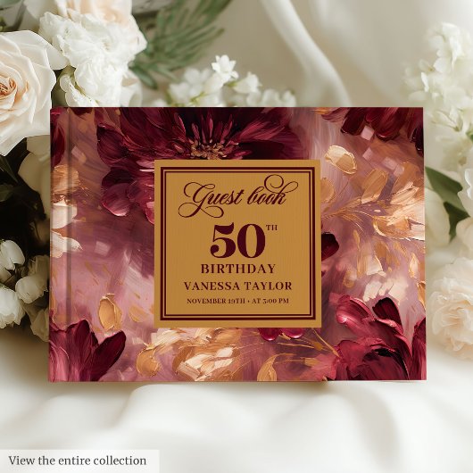 Classic Marsala Blush Gold Flowers 50th Birthday ゲストブック