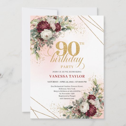 Classic Marsala Floral Greenery 90th Birthday 招待状 (正面)