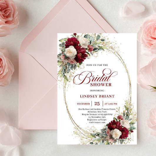Classic Marsala Roses Gold Bridal Shower Invites 招待状