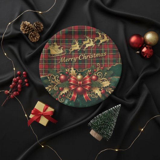 Classic Merry Christmas Plaid Design ペーパープレート