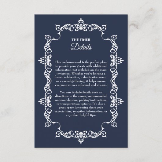 Classic Midnight Navy Blue Ornately Framed Wedding エンクロージャーカード (正面)