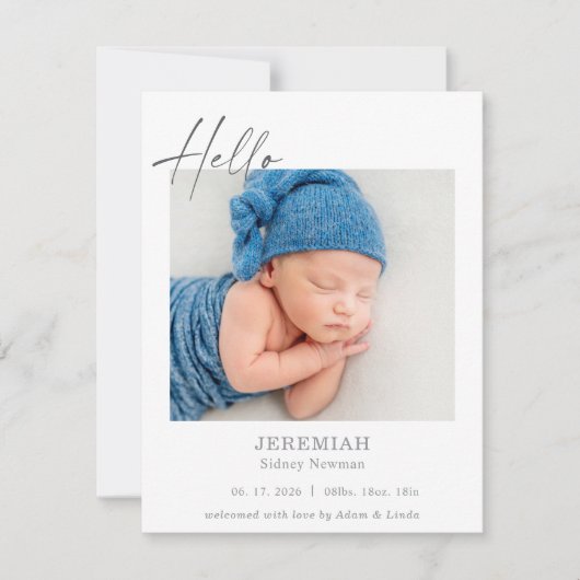 Classic Minimal Hello Baby Photo Announcement Card (正面)