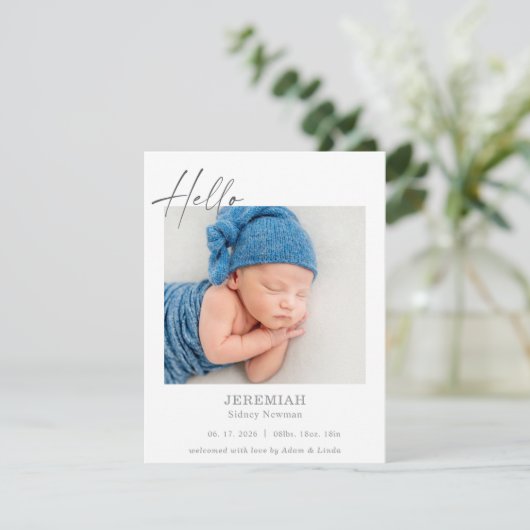 Classic Minimal Hello Baby Photo Announcement Card (スタンド正面)