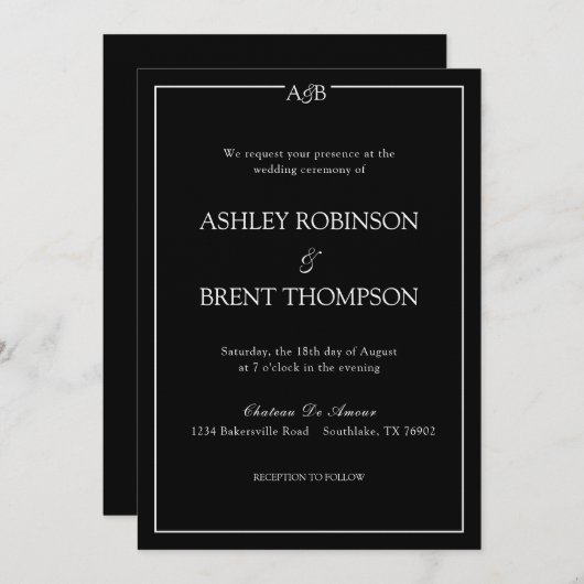 Classic Minimalist Ampersand Monogram Black White  招待状 (正面/裏面)