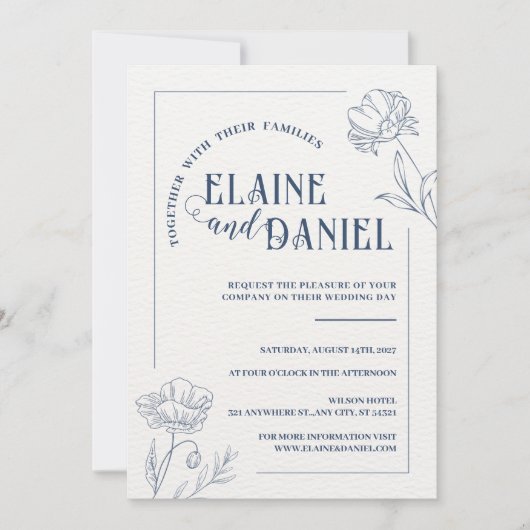 Classic Minimalist Blue Floral Wedding 招待状 (正面)