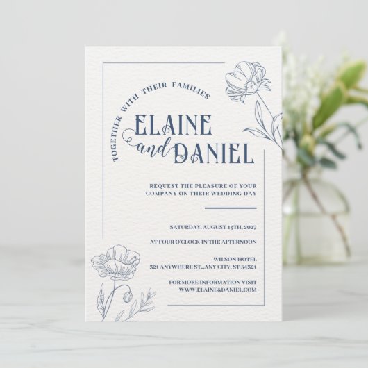 Classic Minimalist Blue Floral Wedding 招待状 (スタンド正面)