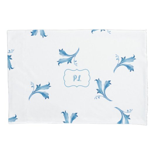 Classic Minimalist Blue Tile Leaf Ornaments 枕カバー (正面左)