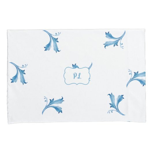 Classic Minimalist Blue Tile Leaf Ornaments 枕カバー (正面右)