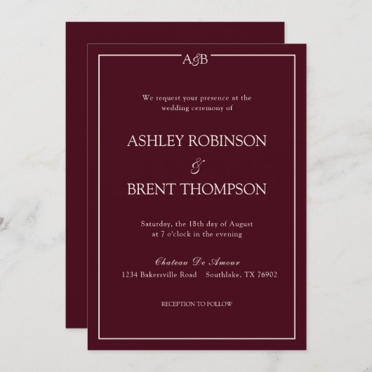 Classic Minimalist Monogram Burgundy and Ivory 招待状 (正面/裏面)