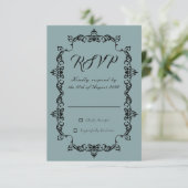 Classic Misty Sage Blue Ornately Framed Wedding 出欠カード (スタンド正面)