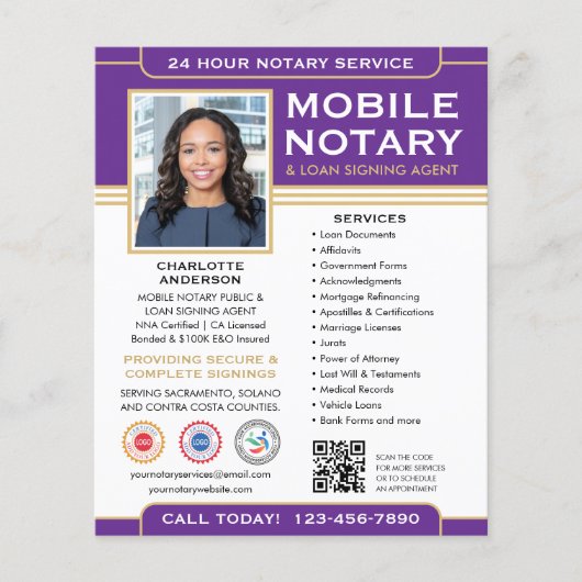 Classic Mobile Notary Public QR Code Purple チラシ (正面)