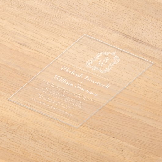 Classic Monogram Crest Transparent Wedding アクリル招待状 (レイダウン)