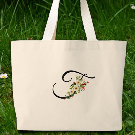 Classic monogram F red white flower mother gift ラージトートバッグ