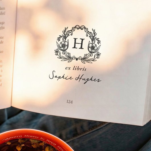 Classic Monogram Floral Wreath Frame Ex Libris Boo ラバースタンプ