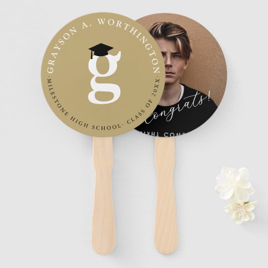 Classic Monogram Gold 'G' Modern Graduation Party ハンドファン (正面&裏面)