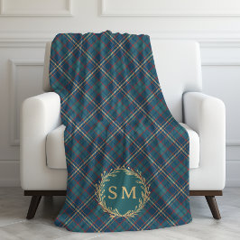 Classic Monogram Gold Wreath Green Tartan Plaid フリースブランケット