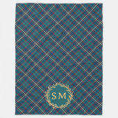 Classic Monogram Gold Wreath Green Tartan Plaid フリースブランケット (正面)