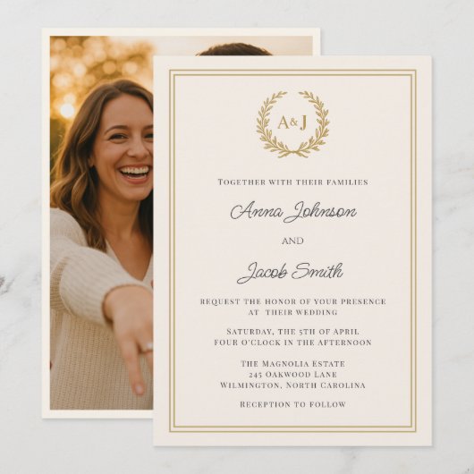 Classic Monogram Laurel Wreath with Photo Wedding 招待状 (正面/裏面)