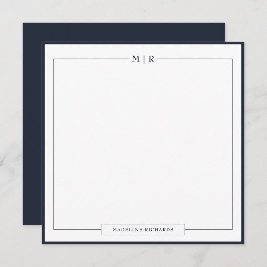 Classic Monogram Navy Blue Border Stationery ノートカード (正面/裏面)