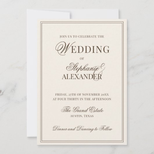 Classic Monogram Old Money Brown & Ivory Wedding 招待状 (裏面)