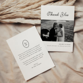 Classic Monogram Script Black White Wedding Photo サンキューカード