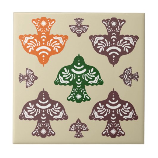 Classic multicolor unique green orange birds タイル (正面)