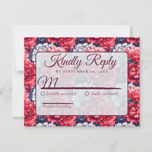 Classic Nature Peonies Flower Autumn Wedding  出欠カード (正面)