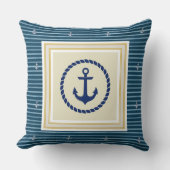Classic Nautical Navy Blue & Gold Anchor Striped クッション (正面)