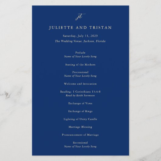 Classic Navy and Cream Elegant Wedding Program (正面)