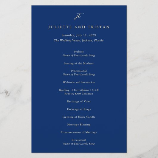 Classic Navy and Cream Elegant Wedding Program チラシ (正面)