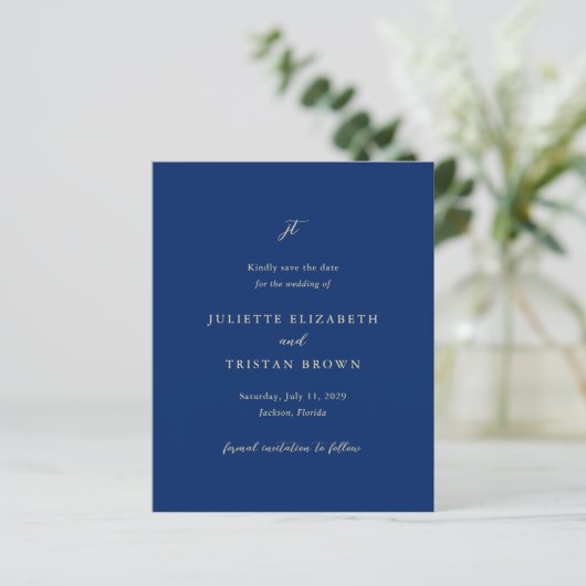 Classic Navy and Cream Wedding Save the Date (スタンド正面)