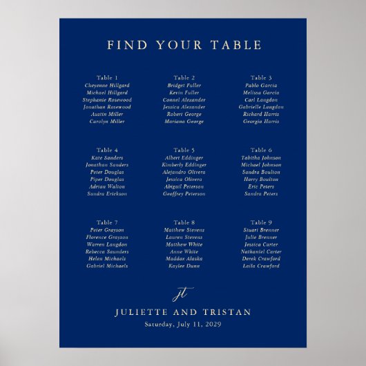 Classic Navy and Cream Wedding Seating Chart ポスター (正面)