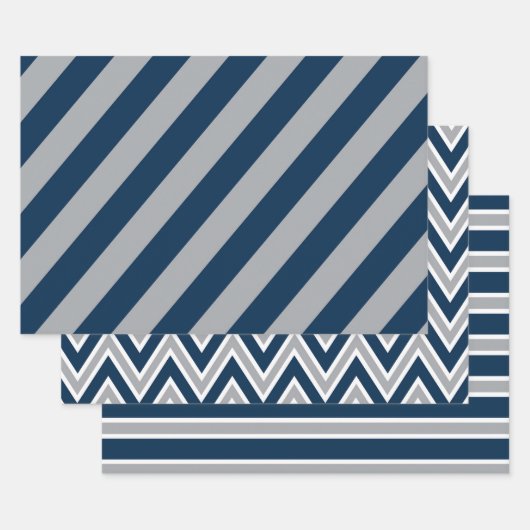 Classic Navy Blue and Gray Geometric Stripes ラッピングペーパーシート (セット)