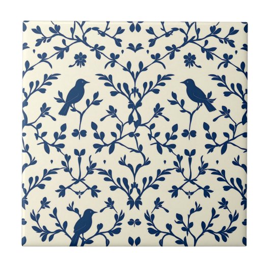 Classic Navy Blue Bird Damask Toile Silhouette  タイル (正面)