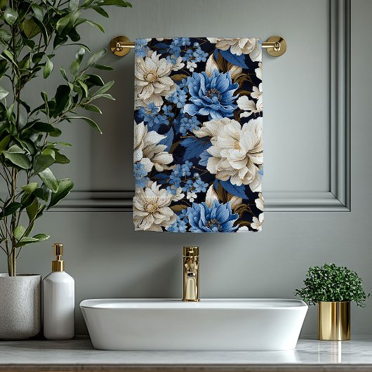 Classic Navy Blue Ivory Gold Floral Towel バスタオルセット
