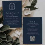 Classic Navy Blue Monogram Crest QR Code Wedding 招待状<br><div class="desc">This elegant vintage-inspired wedding invitation design features a pair of white monogram initials in open serif font above and below a dividing line and encircled by a line art acanthus crest on a navy blue background. The reverse side provides space for wedding details on a solid navy blue background, along...</div>