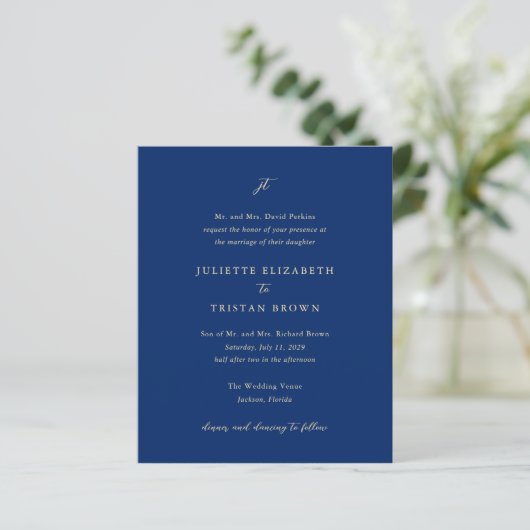 Classic Navy Blue Monogram Elegant Wedding Invite (スタンド正面)
