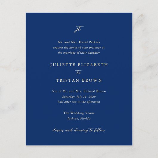 Classic Navy Blue Monogram Elegant Wedding Invite (正面)