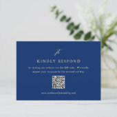 Classic Navy Blue Monogram QR Code Elegant Wedding 出欠カード (スタンド正面)