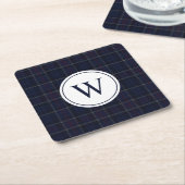 Classic Navy Blue Plaid Christmas Monogram スクエアペーパーコースター (アングル)