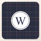 Classic Navy Blue Plaid Christmas Monogram スクエアペーパーコースター (正面)