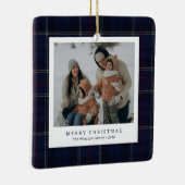 Classic Navy Blue Plaid Family 4 Photo Holiday セラミックオーナメント (右)