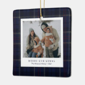Classic Navy Blue Plaid Family 4 Photo Holiday セラミックオーナメント (左)