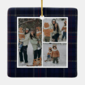 Classic Navy Blue Plaid Family 4 Photo Holiday セラミックオーナメント (裏面)