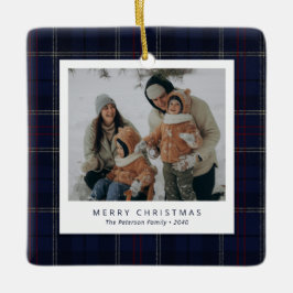 Classic Navy Blue Plaid Family 4 Photo Holiday セラミックオーナメント