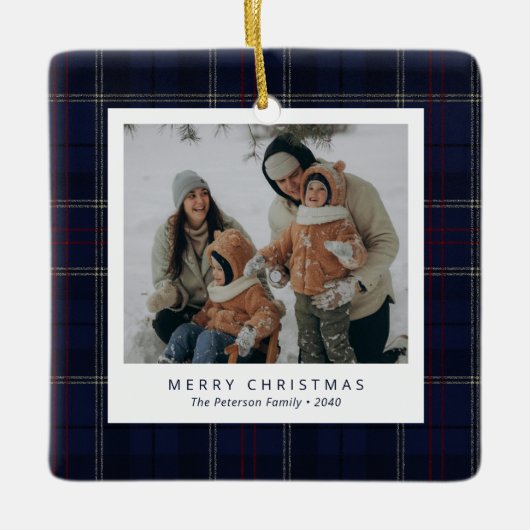 Classic Navy Blue Plaid Family 4 Photo Holiday セラミックオーナメント (正面)