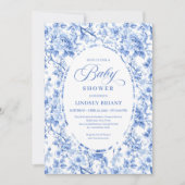 Classic Navy Blue Toile Rose Baby Shower Invites 招待状 (正面)