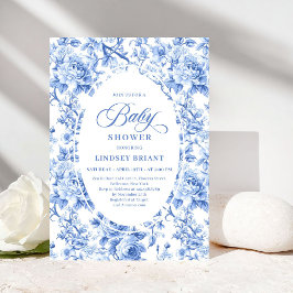 Classic Navy Blue Toile Rose Baby Shower Invites 招待状