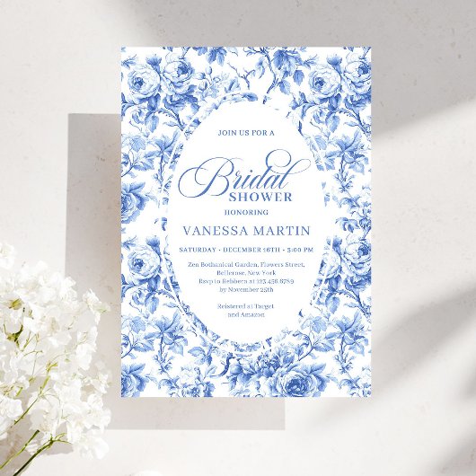 Classic Navy Blue Toile Rose Bridal Shower Invite 招待状