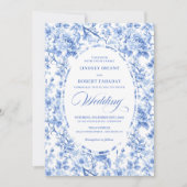 Classic Navy Blue Toile Rose Formal Wedding Invite 招待状 (正面)